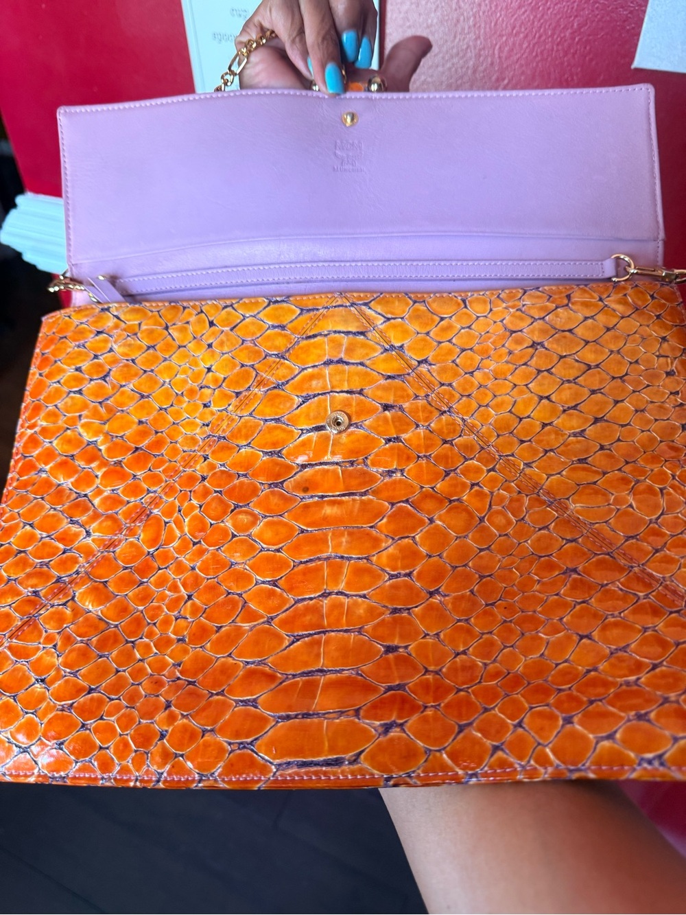 MCM Orange Embossed Leather shoulder Bag - Picture 7 of 14